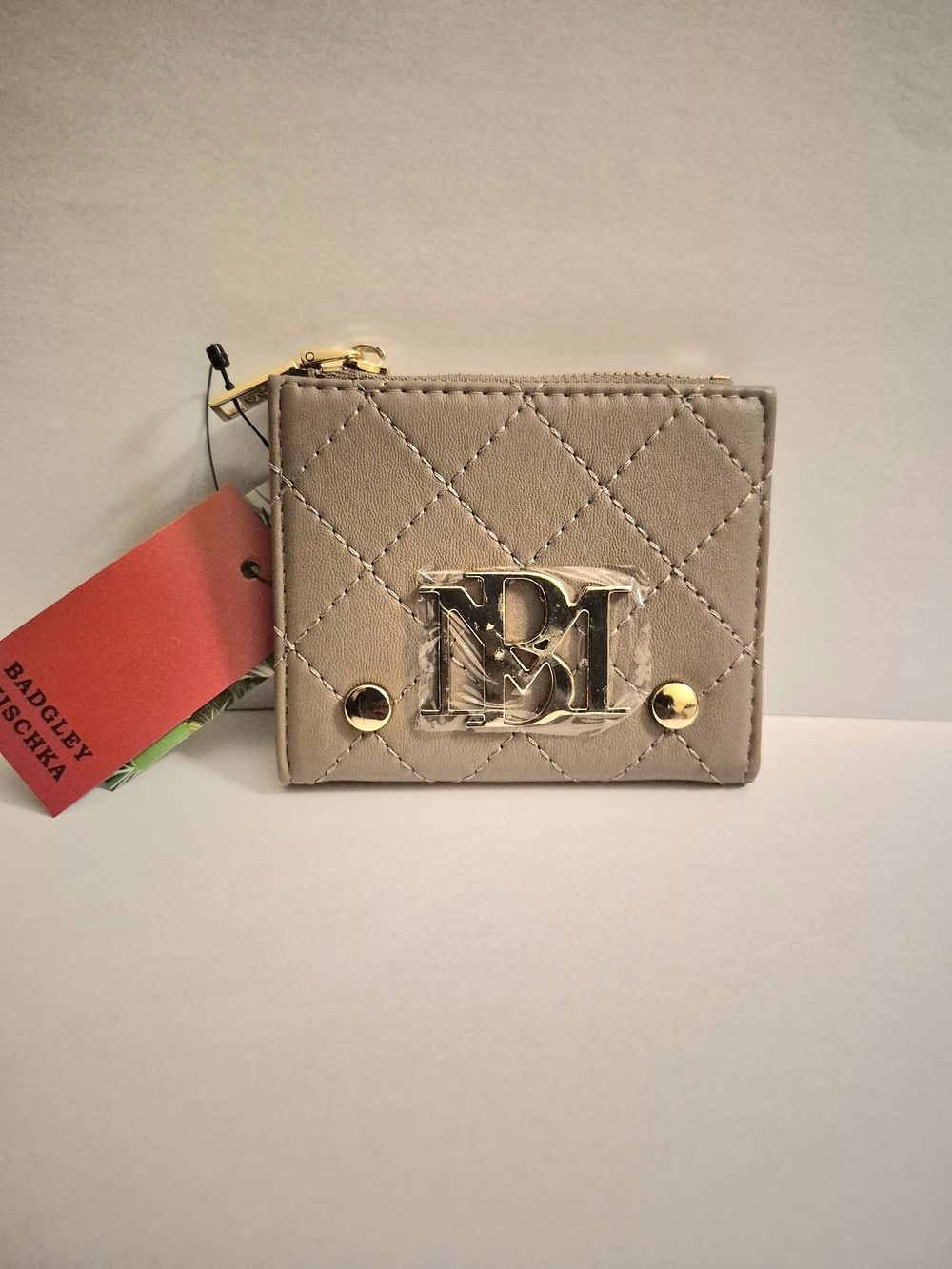 Badgley Mischka Quilted Taupe Card & Key Holder with Gold Logo
